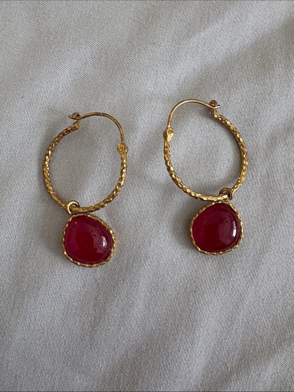 Gold Hoop Earrings with Deep Pink Teardrop Charms
